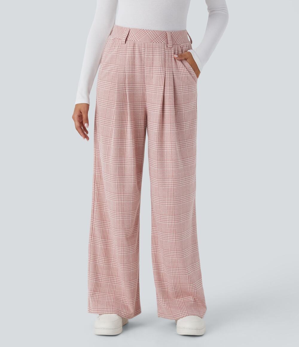 Halara Women's Pink High Waisted Wide Leg Baggy Houndstooth Plaid Pants Size XL